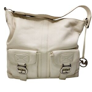 Michael Kors White Leather Shoulder Bag - Dual Front Pocket, Logo Charm, Classic